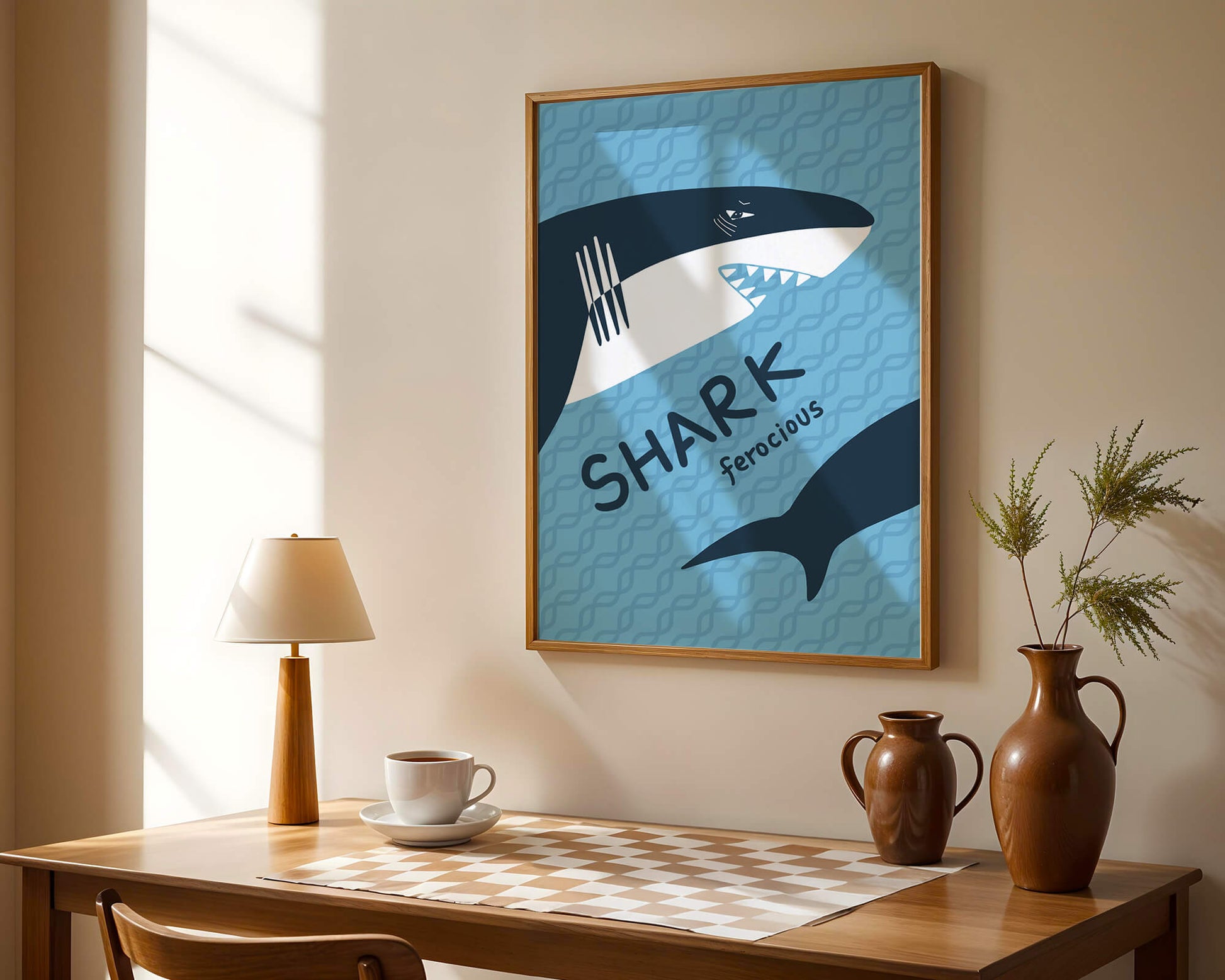Illustrated shark graphic with blue background and typography
