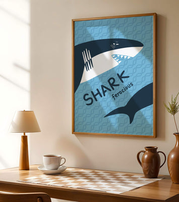 Illustrated shark graphic with blue background and typography