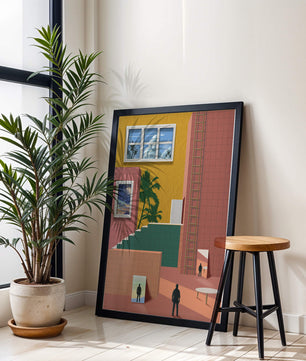 Surreale Architekturlandschaft mit tropischen Elementen und abstrakten Figuren