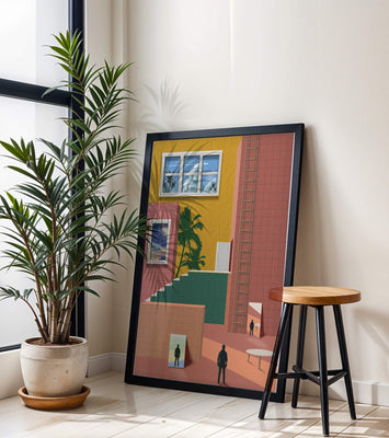 Surreal architectural landscape with tropical elements and abstract figures