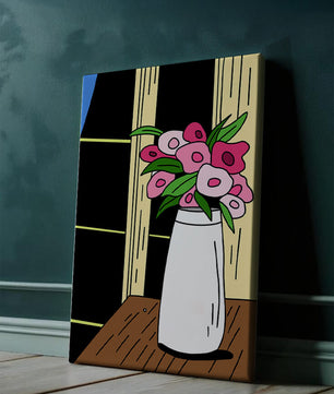 Abstract illustration of flowers in a vase on a wooden table