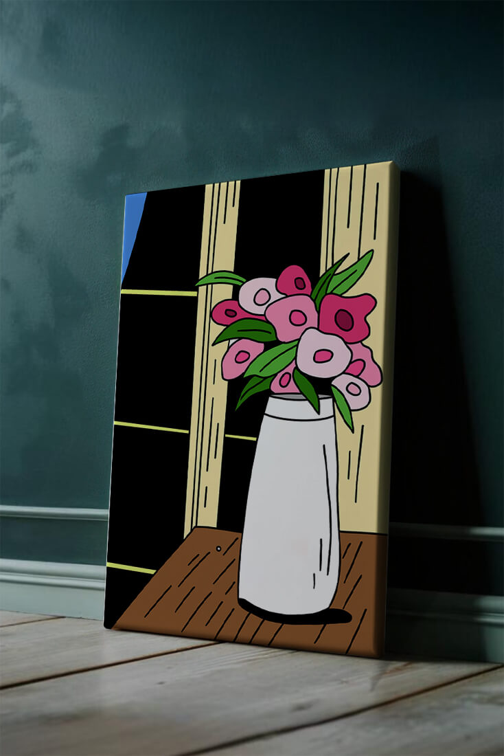 Abstract illustration of flowers in a vase on a wooden table