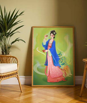 Diseño elegante de mujer en vestimenta tradicional del Este Asiático