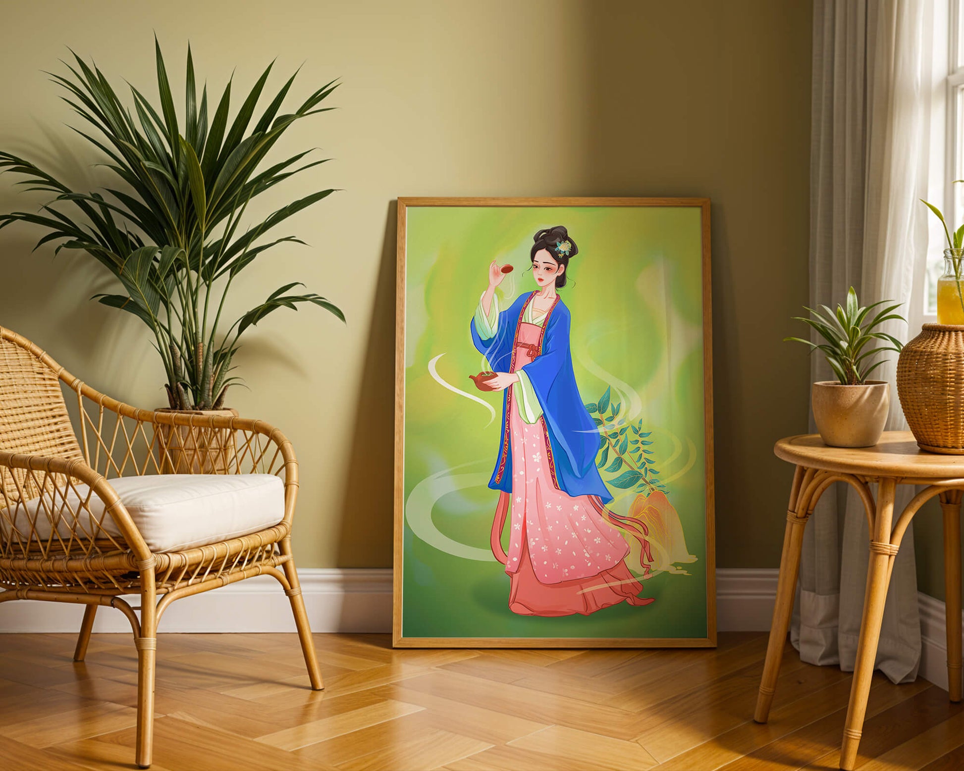 Diseño elegante de mujer en vestimenta tradicional del Este Asiático