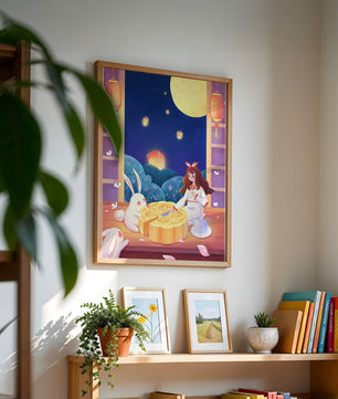 Moonlit Night with Lanterns and Tea Ceremony Featuring Rabbits and Mooncakes