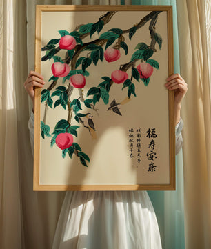 Delicate illustration of peach tree with birds and calligraphy