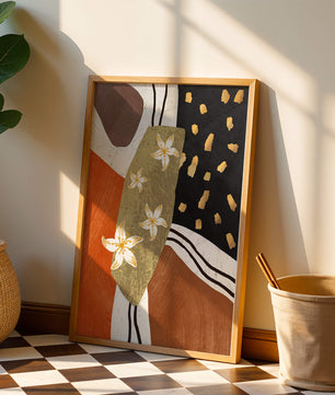 Abstract floral artwork with gold accents and earthy tones