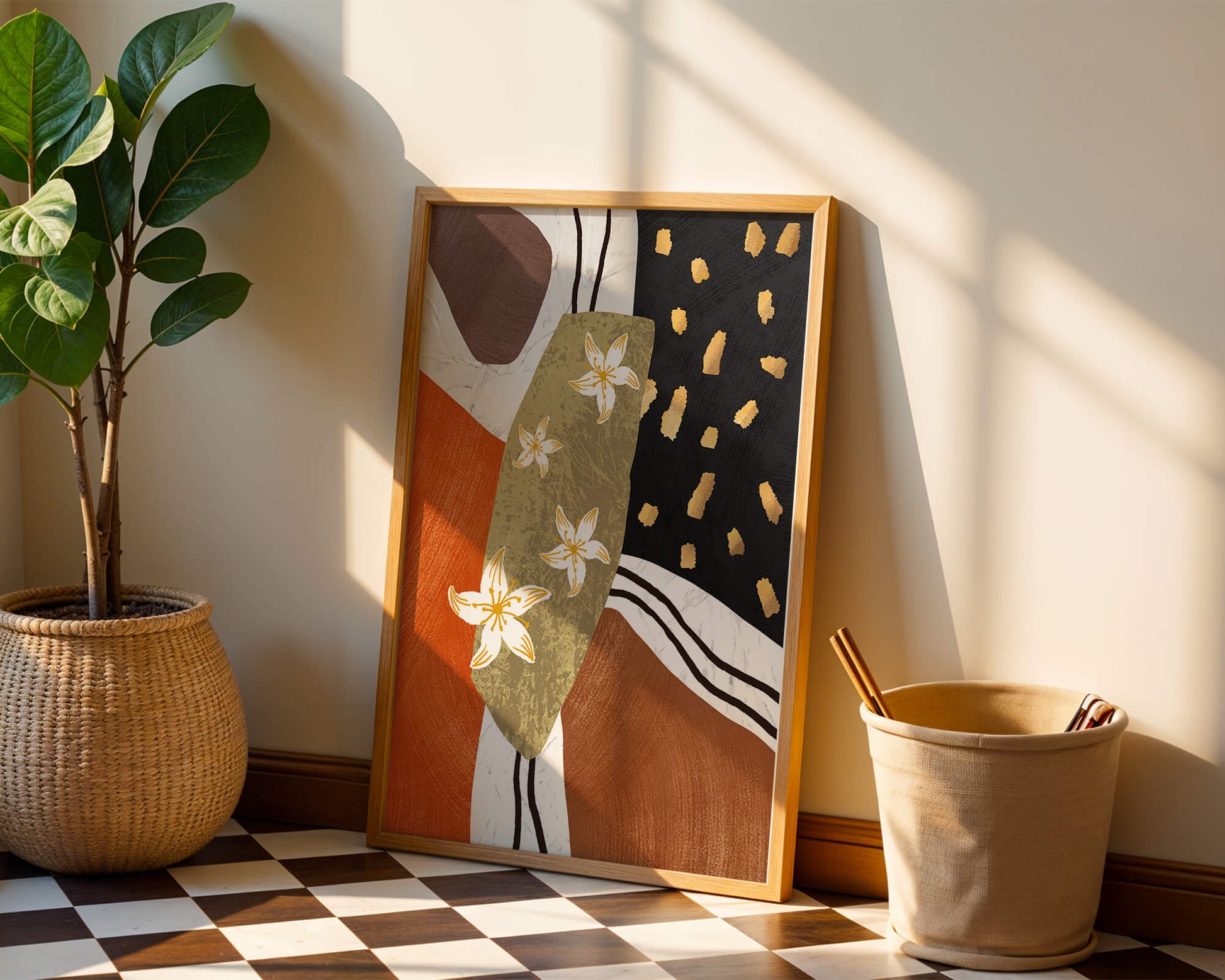 Abstract floral artwork with gold accents and earthy tones