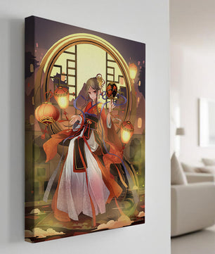 Elegant Asian-inspired fantasy artwork with lanterns