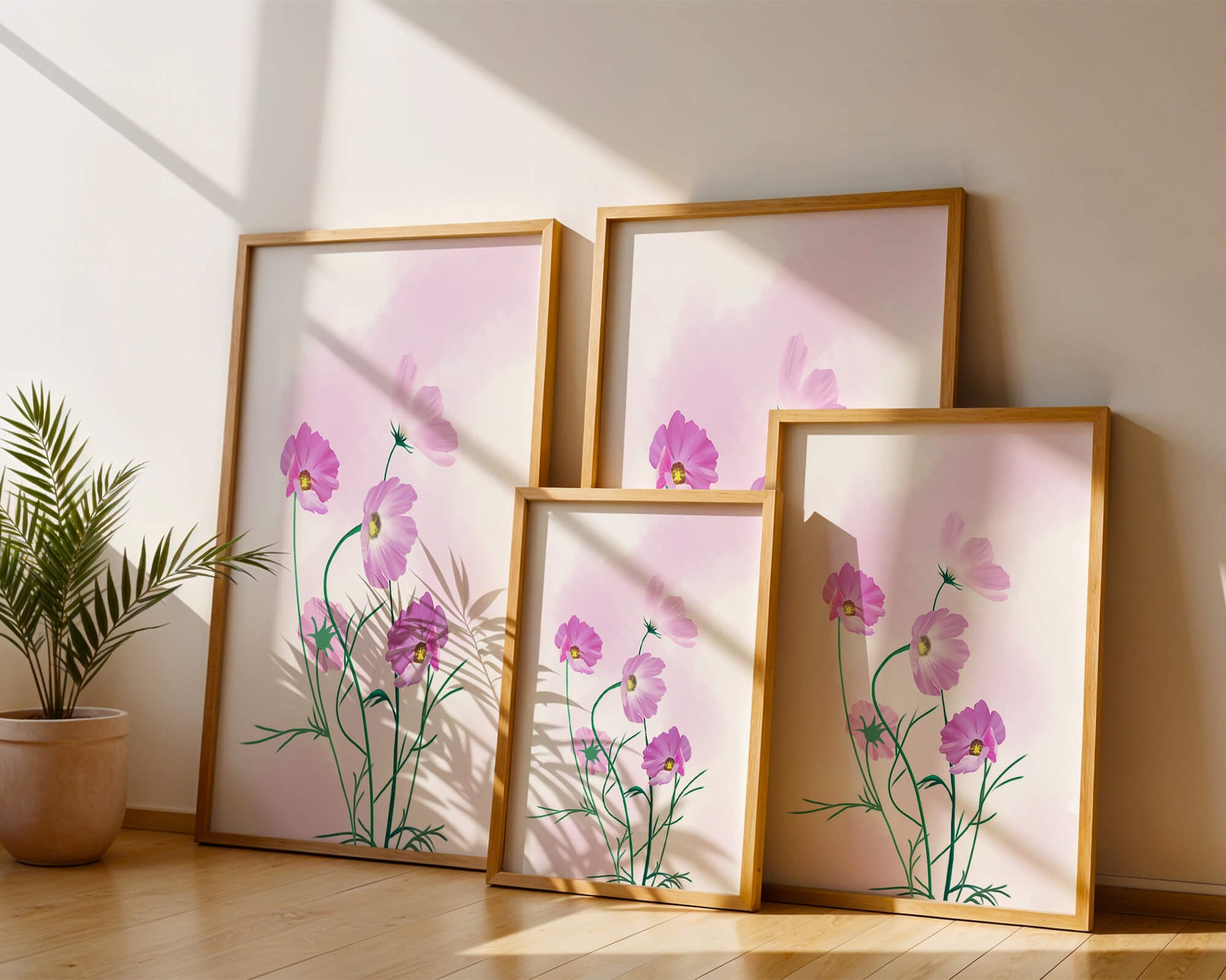 Delicate Pink Cosmos Flowers on Soft Pastel Background