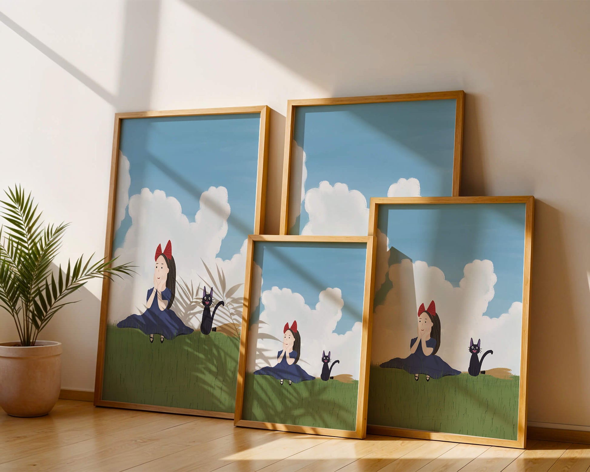 Girl with Red Bow and Cat in Lush Green Meadow