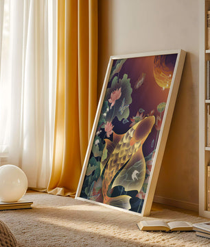 Bunte Koi-Fische mit Lotusblumen und Schmetterlingen bei Sonnenuntergang