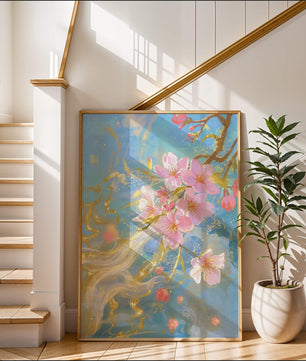Beautiful Cherry Blossom Branch with Golden Highlights on a Soft Blue Background - Mi tienda