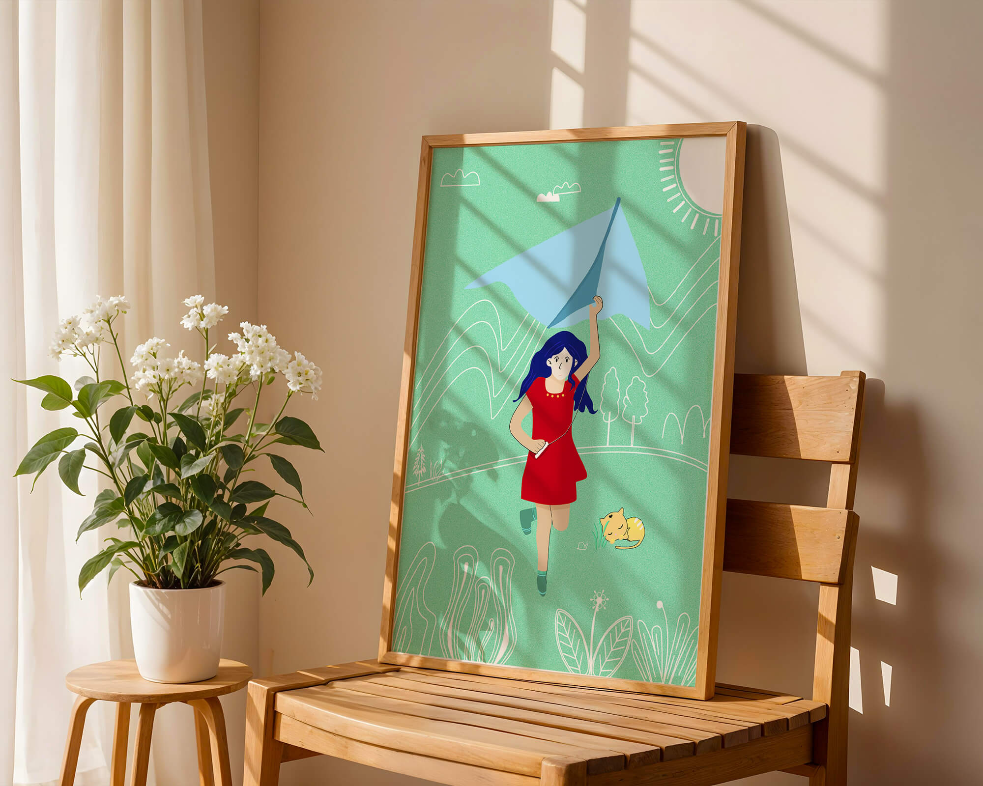 Illustration of a girl with a kite in a whimsical landscape