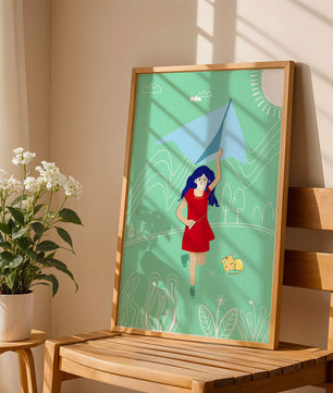 Illustration d'une fille avec un cerf-volant dans un paysage fantaisiste