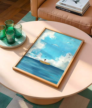 Peaceful seascape illustration with a boat and birds