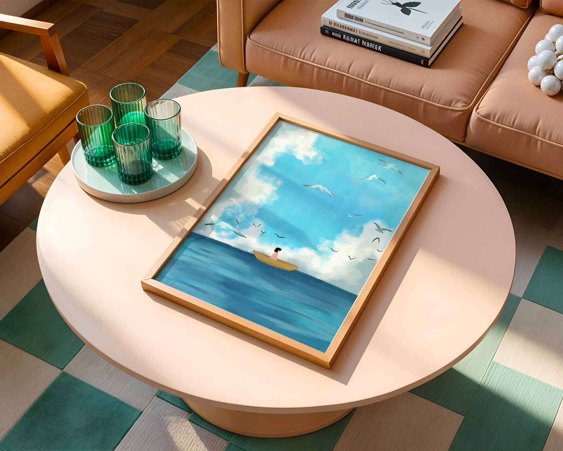 Peaceful seascape illustration with a boat and birds