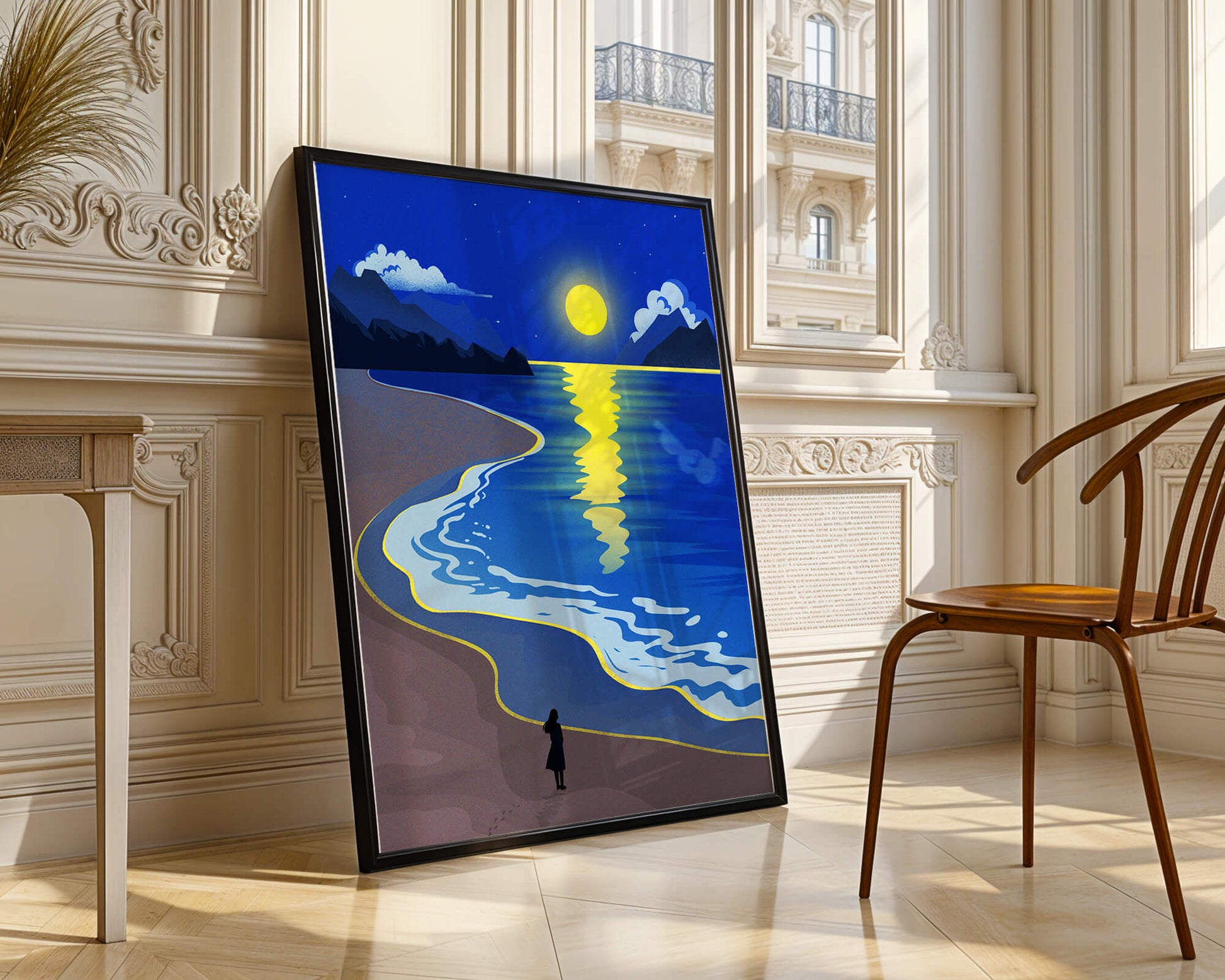 Moonlit Beach with Mountains and Reflections Under Night Sky