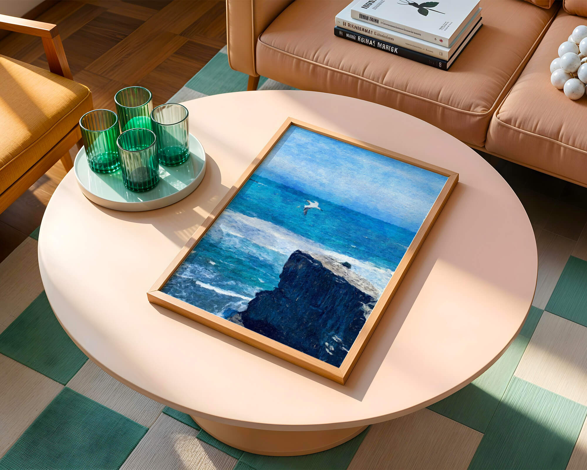 Seascape with soaring seagull over rocky cliff and ocean waves