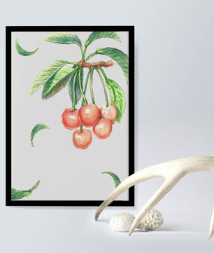 Ilustración realista de rama de cerezo con hojas verdes