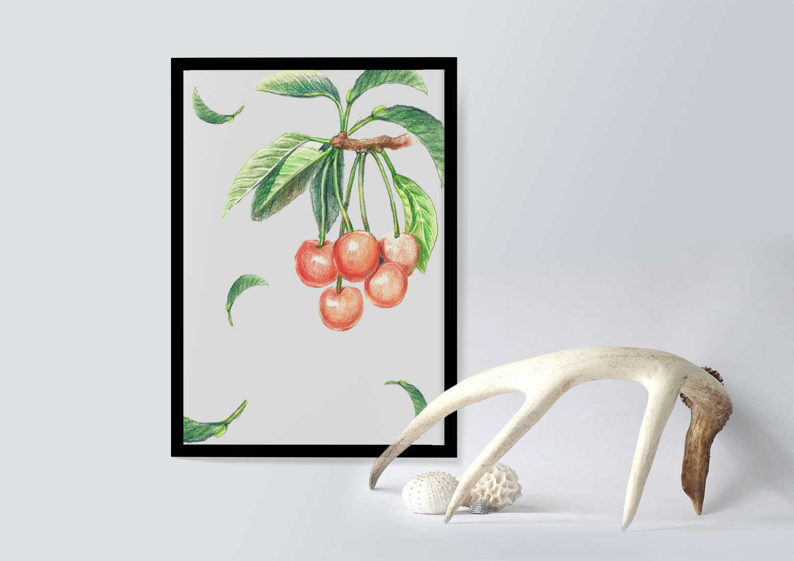 Realistic Illustration of Cherry Branch with Green Leaves