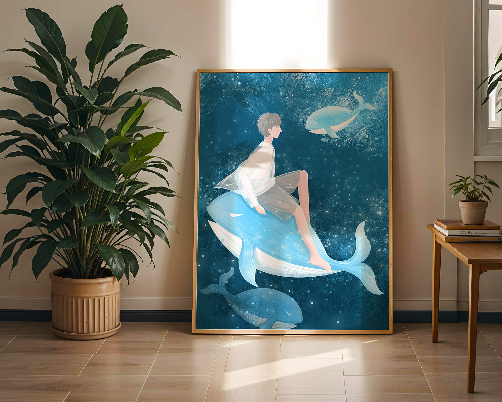 Fantasy illustration of person on blue whale in underwater scene