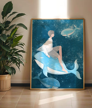 Illustration fantastique d'une personne sur une baleine bleue dans une scène sous-marine