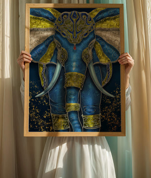 Blue and gold ornate elephant with intricate patterns