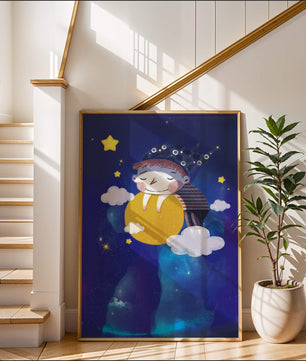 Scène nocturne onirique avec un enfant étreignant la lune