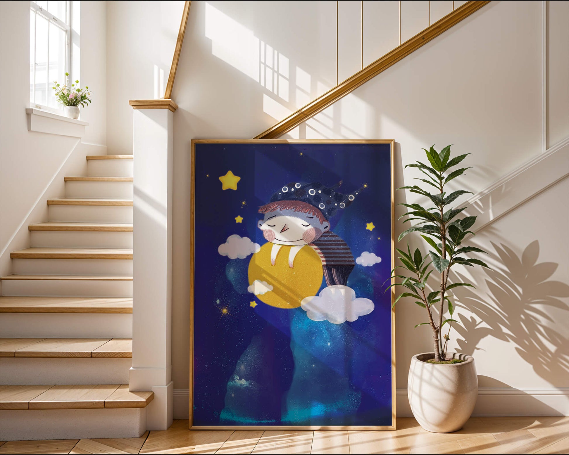 Dreamy Nighttime Scene with a Child Hugging the Moon