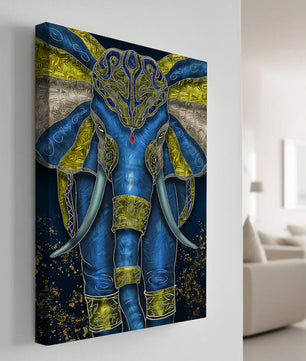 Blue and gold ornate elephant with intricate patterns