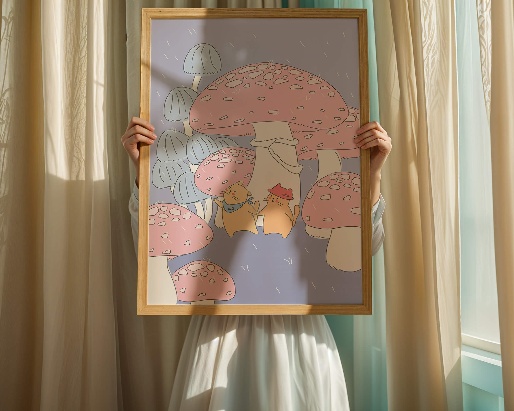 Charming illustration of cats among whimsical mushrooms