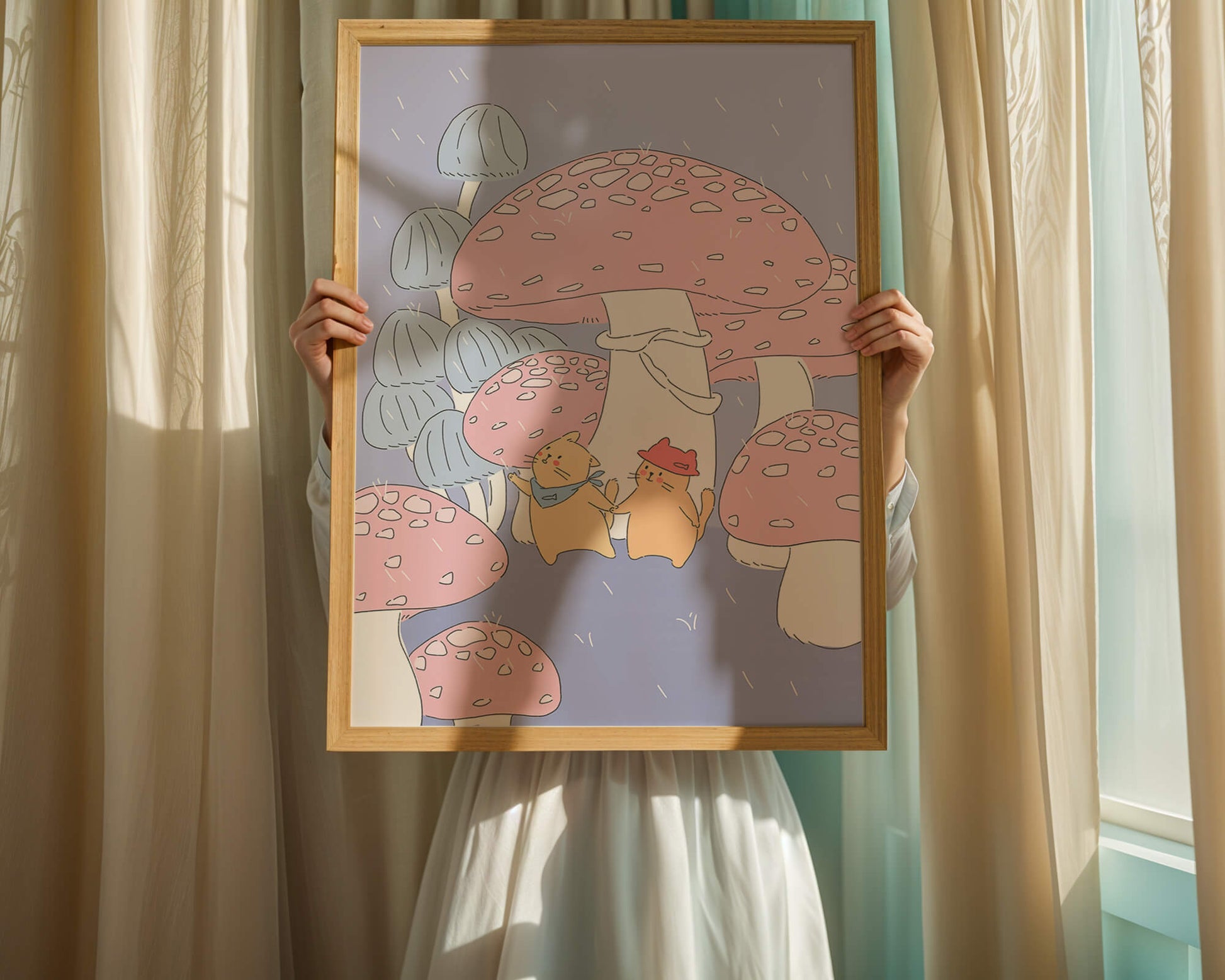 Charming illustration of cats among whimsical mushrooms