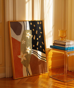 Abstract floral artwork with gold accents and earthy tones