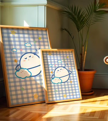 Whimsical sleep theme with planets and clouds on a checkered background