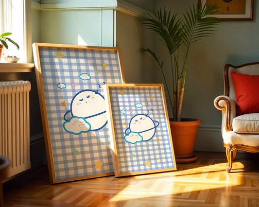 Whimsical sleep theme with planets and clouds on a checkered background