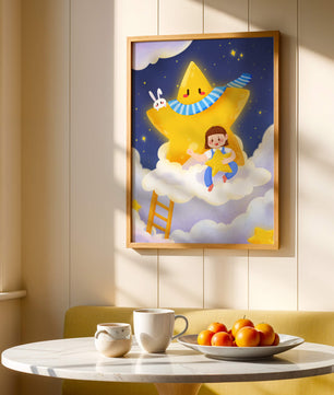 Enfant fantaisiste assis sur un nuage avec une étoile et un lapin dans le ciel nocturne