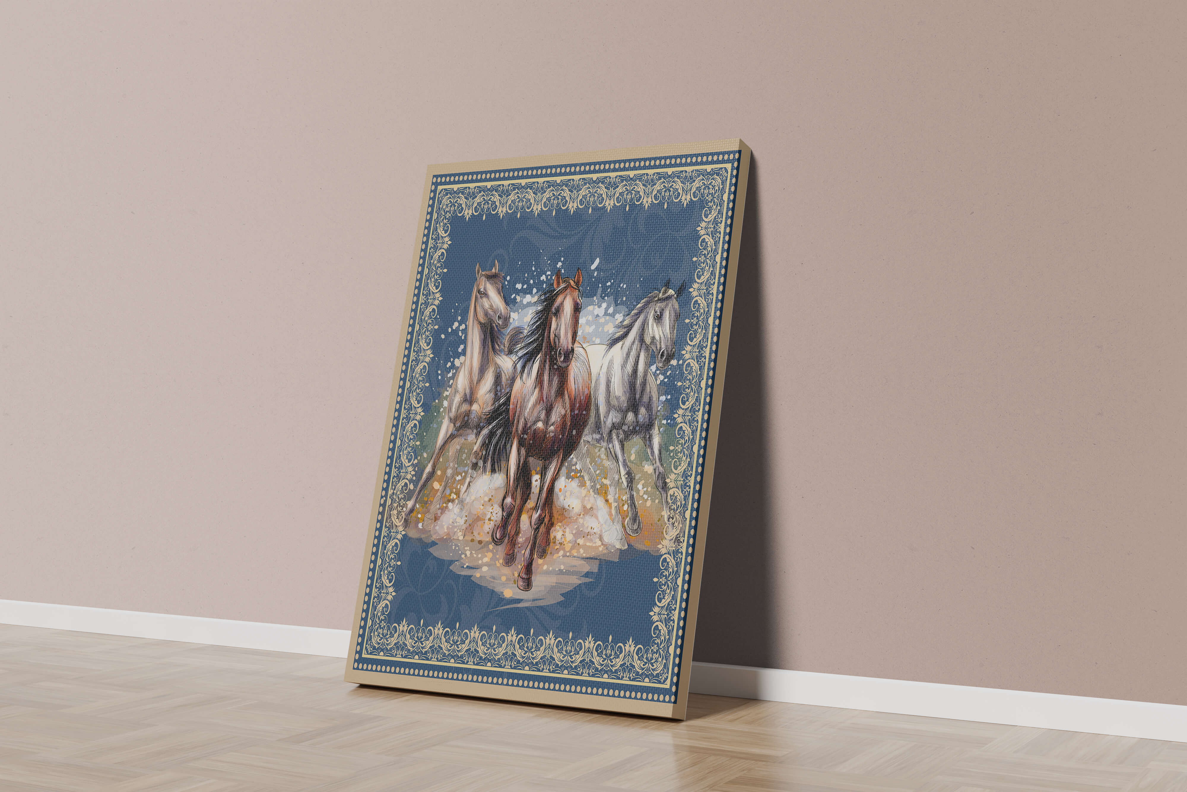 Running horses framed with elegant golden border on a blue background