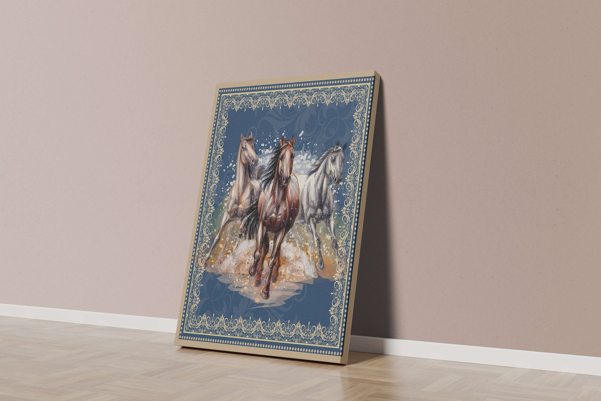 Running horses framed with elegant golden border on a blue background