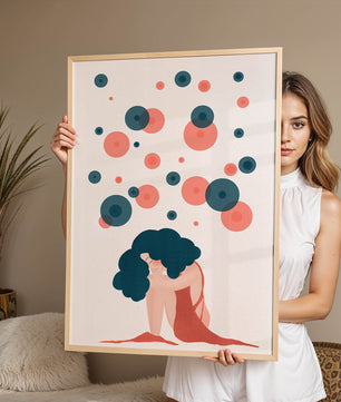 Abstract Illustration of a Woman with Curly Blue Hair Surrounded by Colorful Circles - Mi tienda