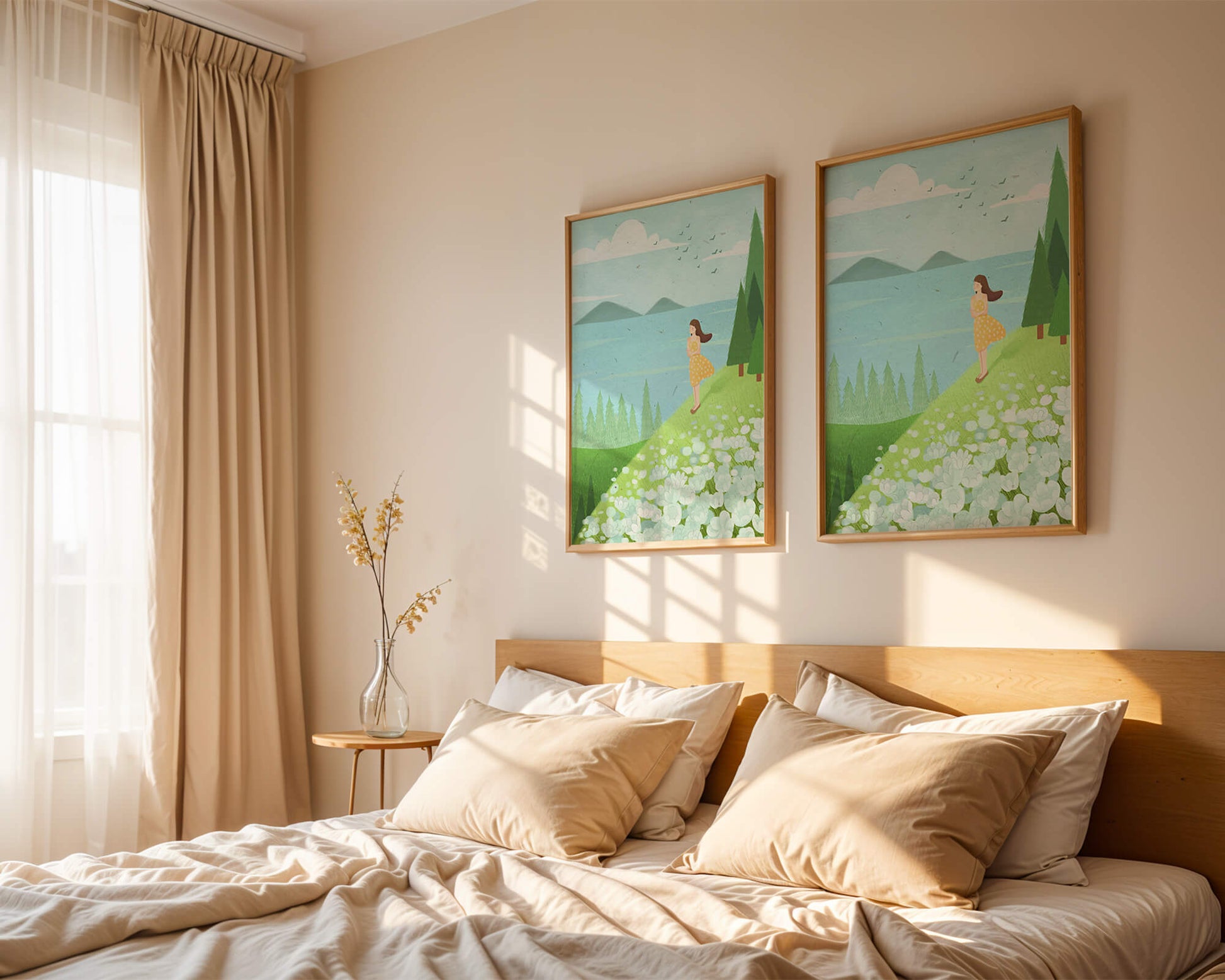 Mujer en vestido amarillo en la ladera con flores y árboles