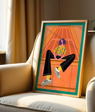 Stylish woman sitting in a vibrant geometric setting