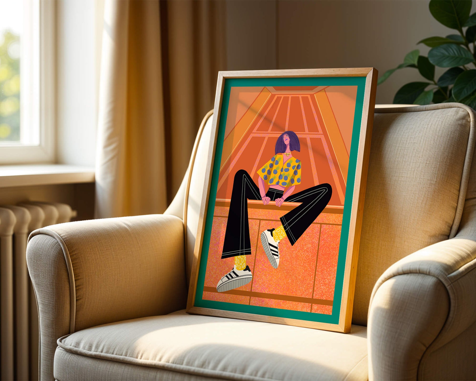 Stylish woman sitting in a vibrant geometric setting