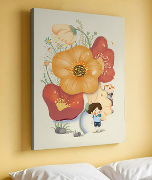 Charming Illustration of Children among Large Flowers with Playful Puppy