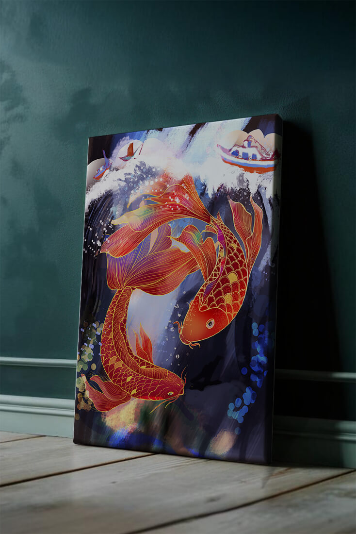 Representación artística de peces koi nadando con barcos en colores vibrantes.