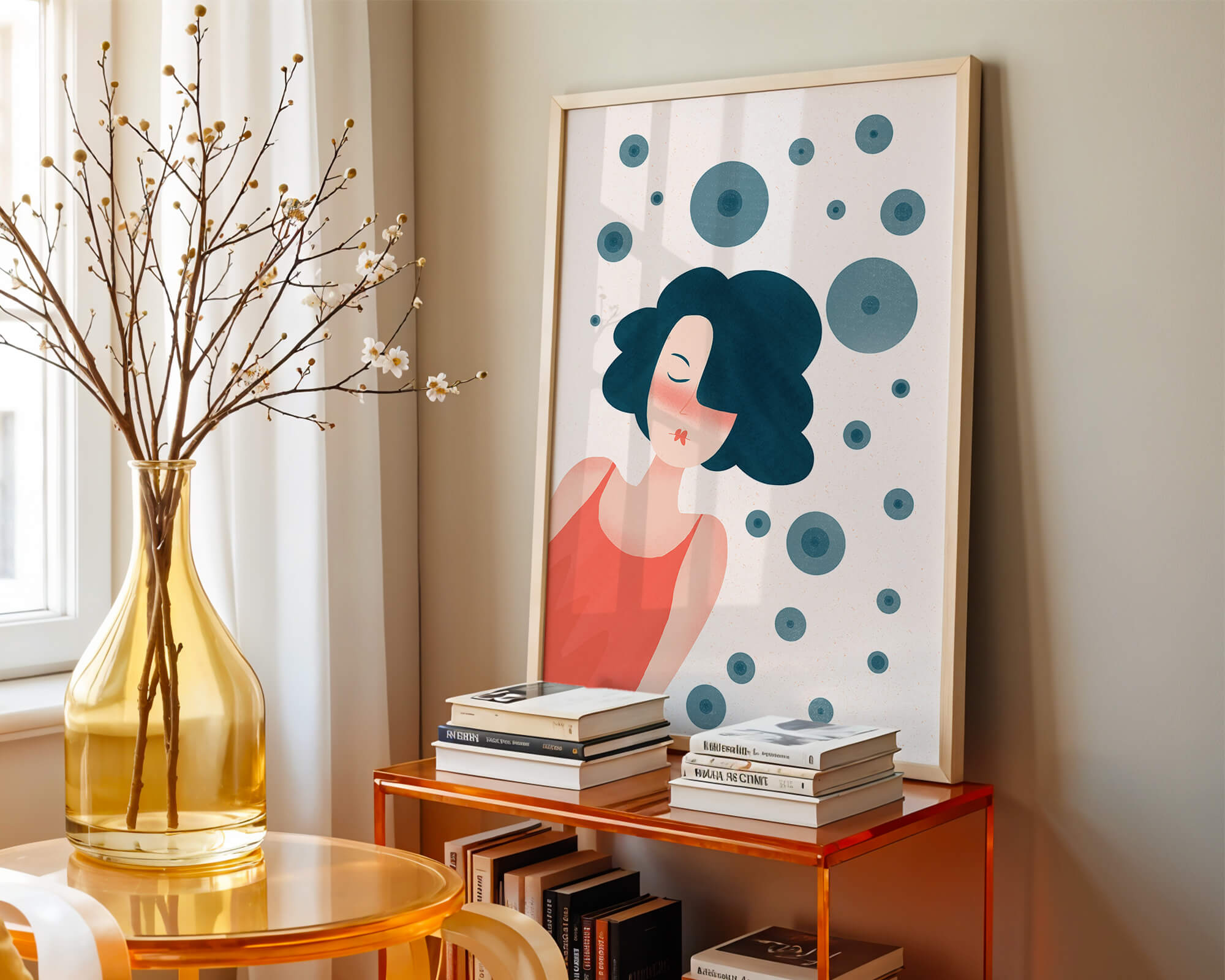 Dreamy Female Portrait with Abstract Circles in Modern Art Style - Mi tienda