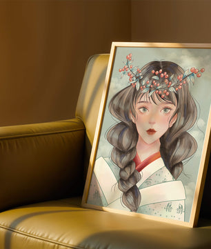 Illustration d'une jeune femme avec une coiffe florale sur fond de ciel nuageux