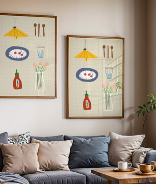Artículos de cocina ilustrados que incluyen lámpara, utensilios y flores