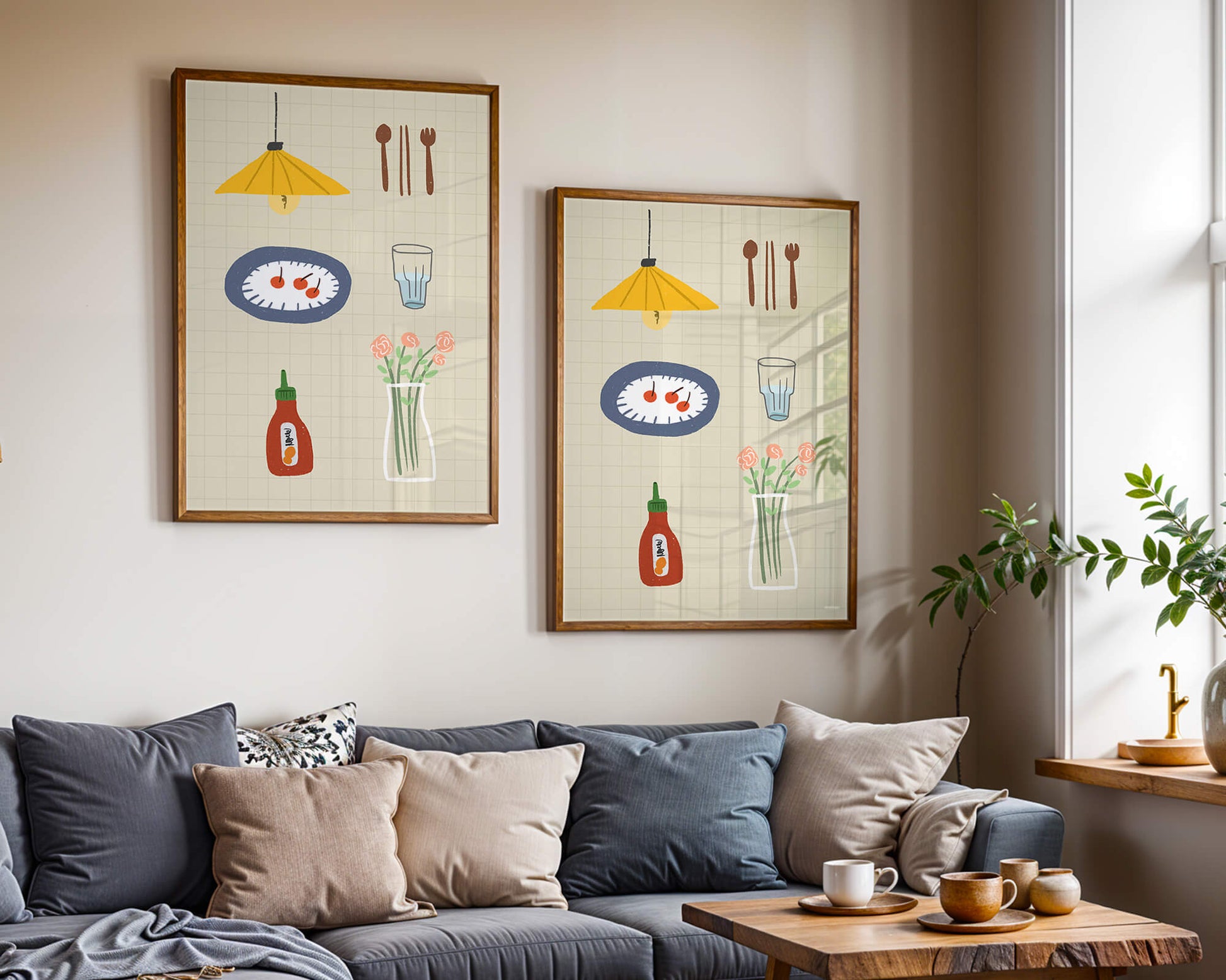 Artículos de cocina ilustrados que incluyen lámpara, utensilios y flores