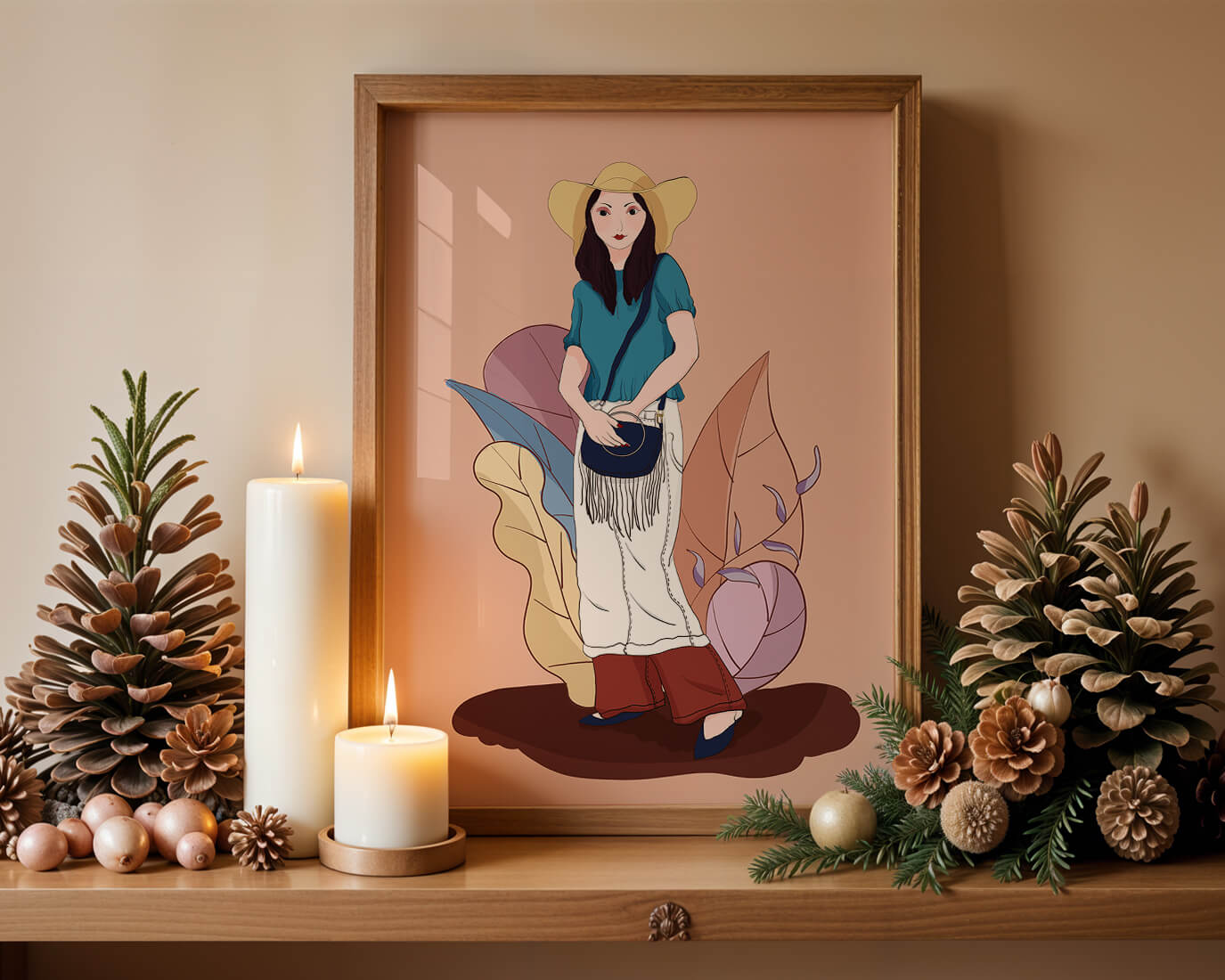 Ilustración de moda de una mujer con sombrero sobre fondo pastel